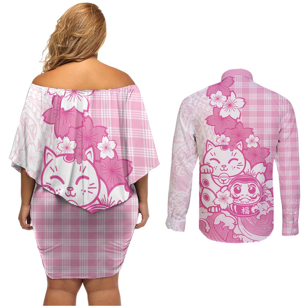 Pink Palaka Hawaiian And Japanese Couples Matching Off Shoulder Short Dress and Long Sleeve Button Shirt Maneki Neko And Sakura Bloom