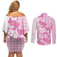 Pink Palaka Hawaiian And Japanese Couples Matching Off Shoulder Short Dress and Long Sleeve Button Shirt Maneki Neko And Sakura Bloom