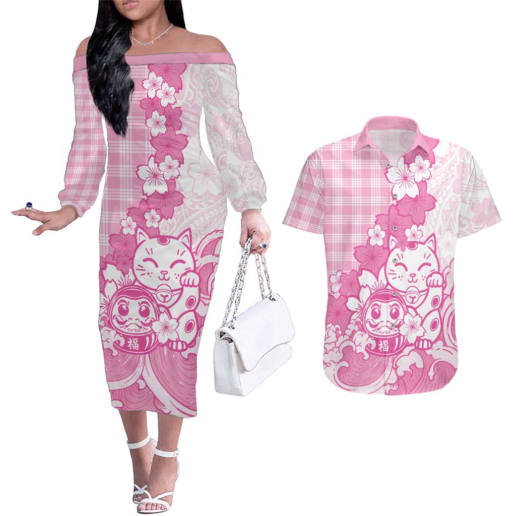 Pink Palaka Hawaiian And Japanese Couples Matching Off The Shoulder Long Sleeve Dress and Hawaiian Shirt Maneki Neko And Sakura Bloom