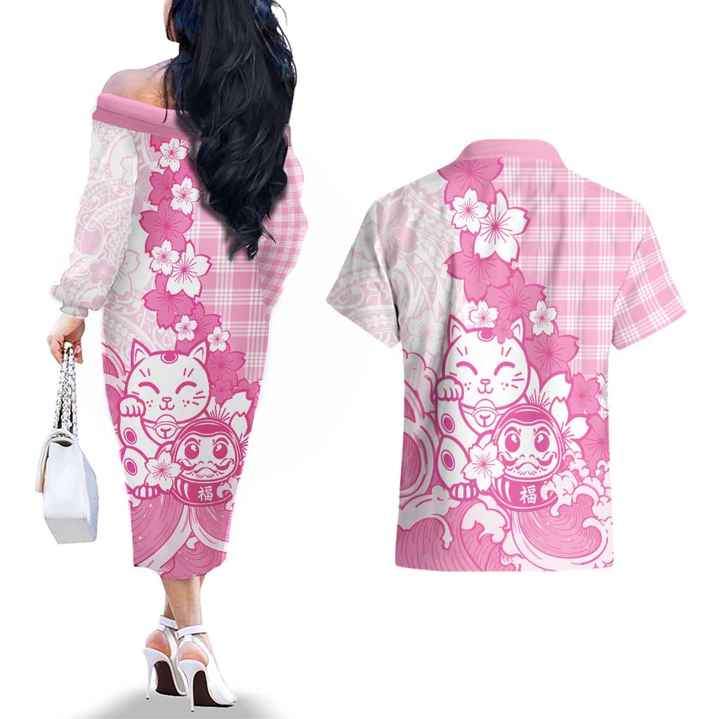 Pink Palaka Hawaiian And Japanese Couples Matching Off The Shoulder Long Sleeve Dress and Hawaiian Shirt Maneki Neko And Sakura Bloom
