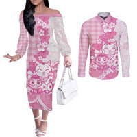 Pink Palaka Hawaiian And Japanese Couples Matching Off The Shoulder Long Sleeve Dress and Long Sleeve Button Shirt Maneki Neko And Sakura Bloom