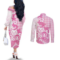 Pink Palaka Hawaiian And Japanese Couples Matching Off The Shoulder Long Sleeve Dress and Long Sleeve Button Shirt Maneki Neko And Sakura Bloom