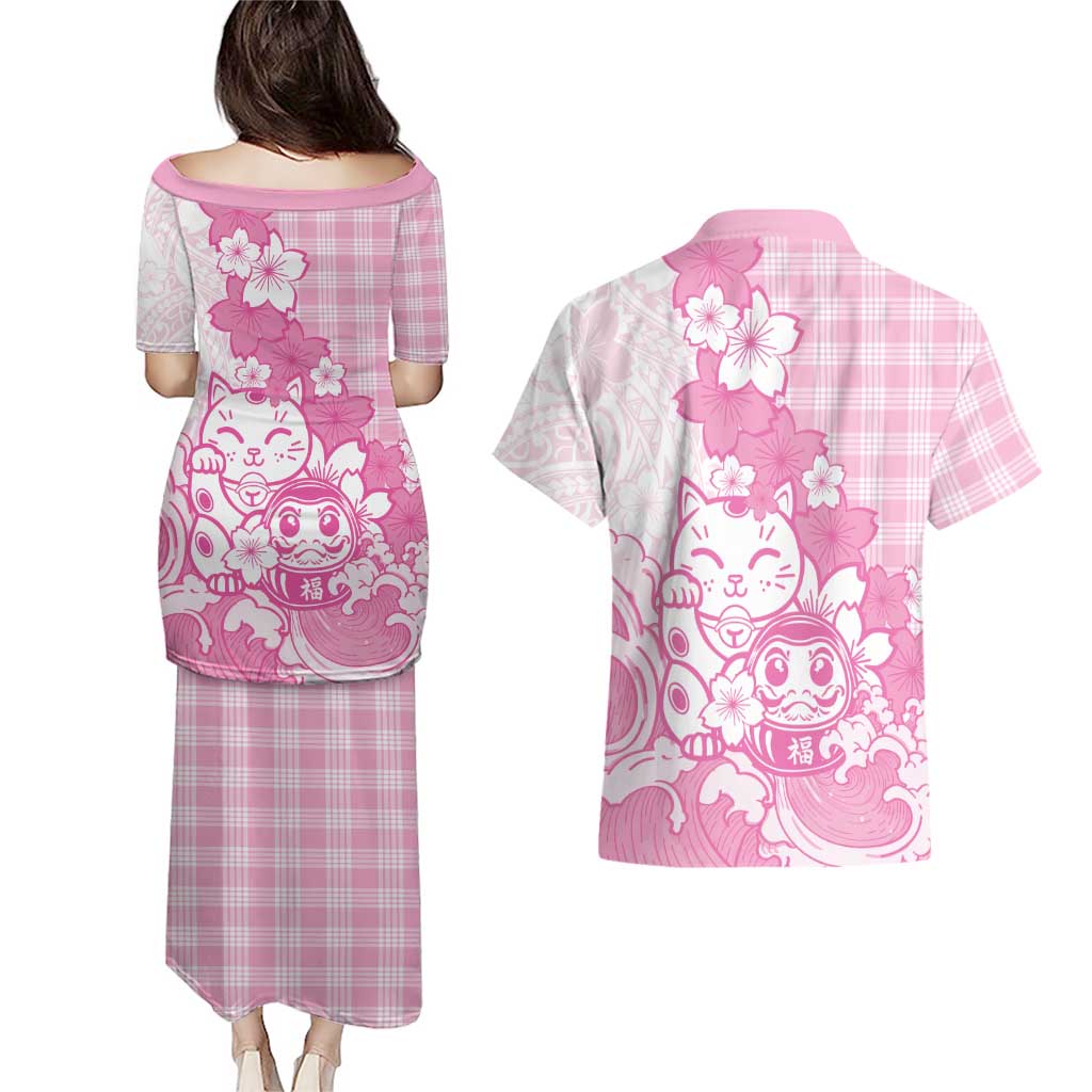 Pink Palaka Hawaiian And Japanese Couples Matching Puletasi and Hawaiian Shirt Maneki Neko And Sakura Bloom