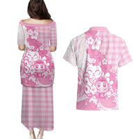 Pink Palaka Hawaiian And Japanese Couples Matching Puletasi and Hawaiian Shirt Maneki Neko And Sakura Bloom