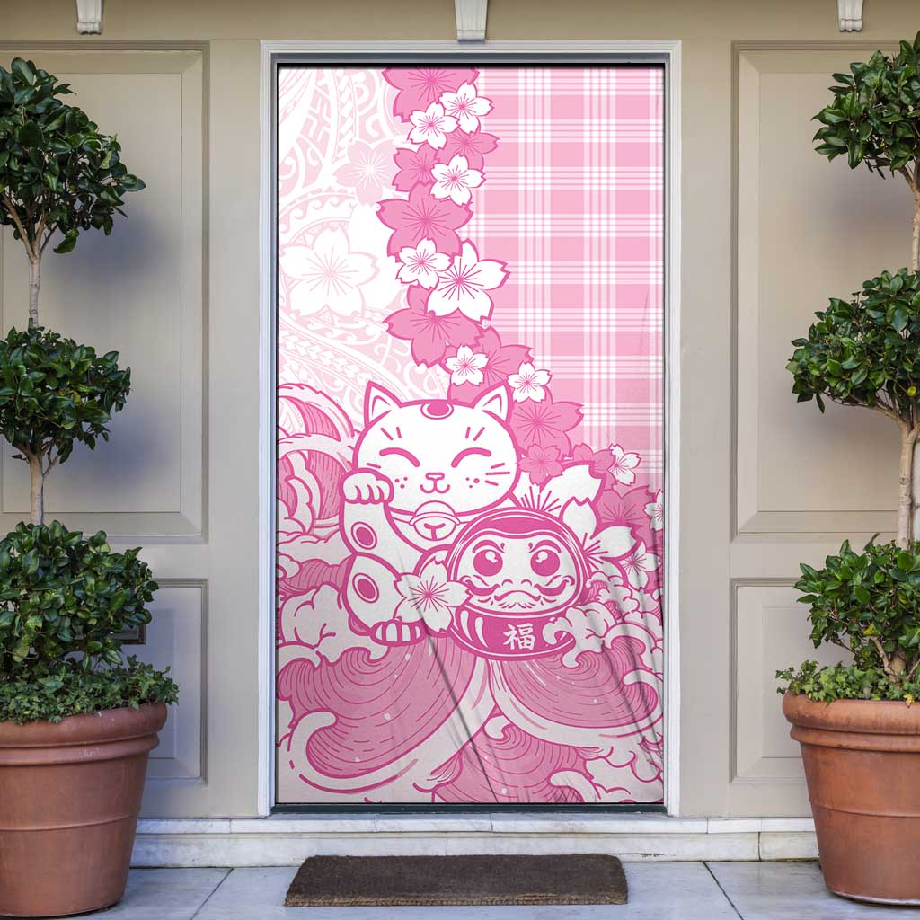Pink Palaka Hawaiian And Japanese Door Cover Maneki Neko And Sakura Bloom