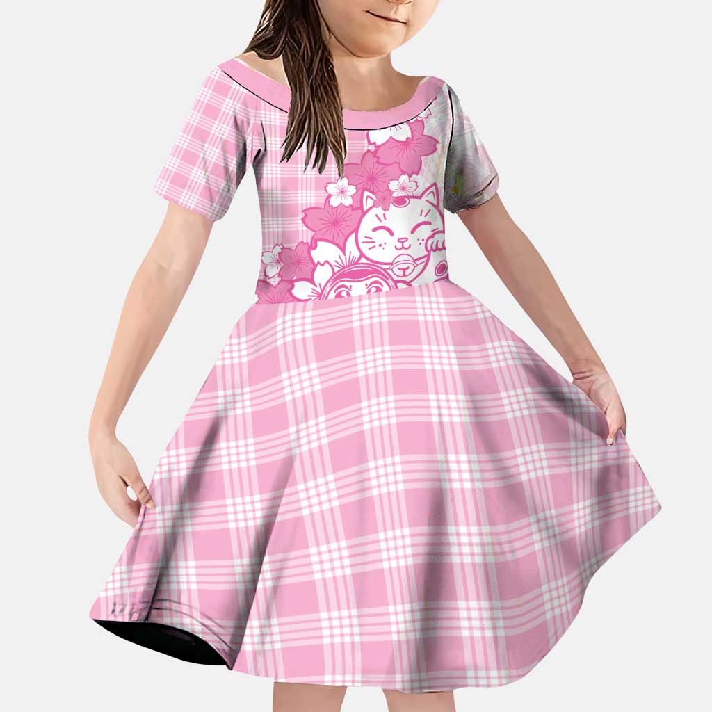 Pink Palaka Hawaiian And Japanese Family Matching Mermaid Dress and Hawaiian Shirt Maneki Neko And Sakura Bloom DT05 Daughter's Dress Pink - Polynesian Pride