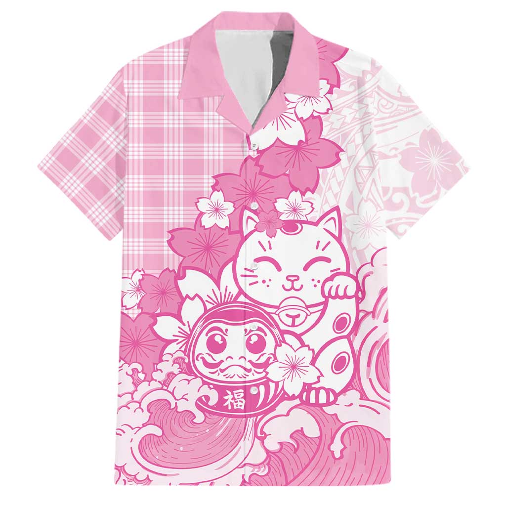 Pink Palaka Hawaiian And Japanese Family Matching Off The Shoulder Long Sleeve Dress and Hawaiian Shirt Maneki Neko And Sakura Bloom DT05 Dad's Shirt - Short Sleeve Pink - Polynesian Pride