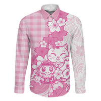 Pink Palaka Hawaiian And Japanese Family Matching Off The Shoulder Long Sleeve Dress and Hawaiian Shirt Maneki Neko And Sakura Bloom DT05 Dad's Shirt - Long Sleeve Pink - Polynesian Pride