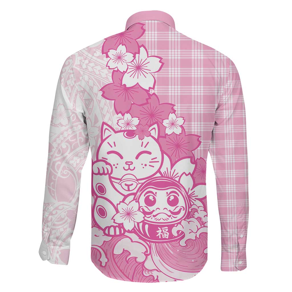 Pink Palaka Hawaiian And Japanese Family Matching Off The Shoulder Long Sleeve Dress and Hawaiian Shirt Maneki Neko And Sakura Bloom DT05 - Polynesian Pride