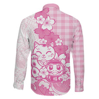 Pink Palaka Hawaiian And Japanese Family Matching Off The Shoulder Long Sleeve Dress and Hawaiian Shirt Maneki Neko And Sakura Bloom DT05 - Polynesian Pride