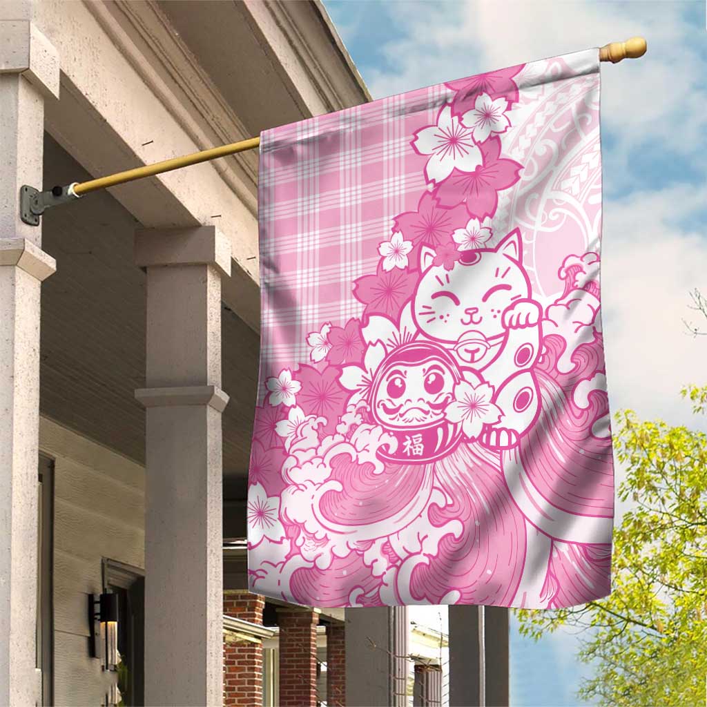 Pink Palaka Hawaiian And Japanese Garden Flag Maneki Neko And Sakura Bloom
