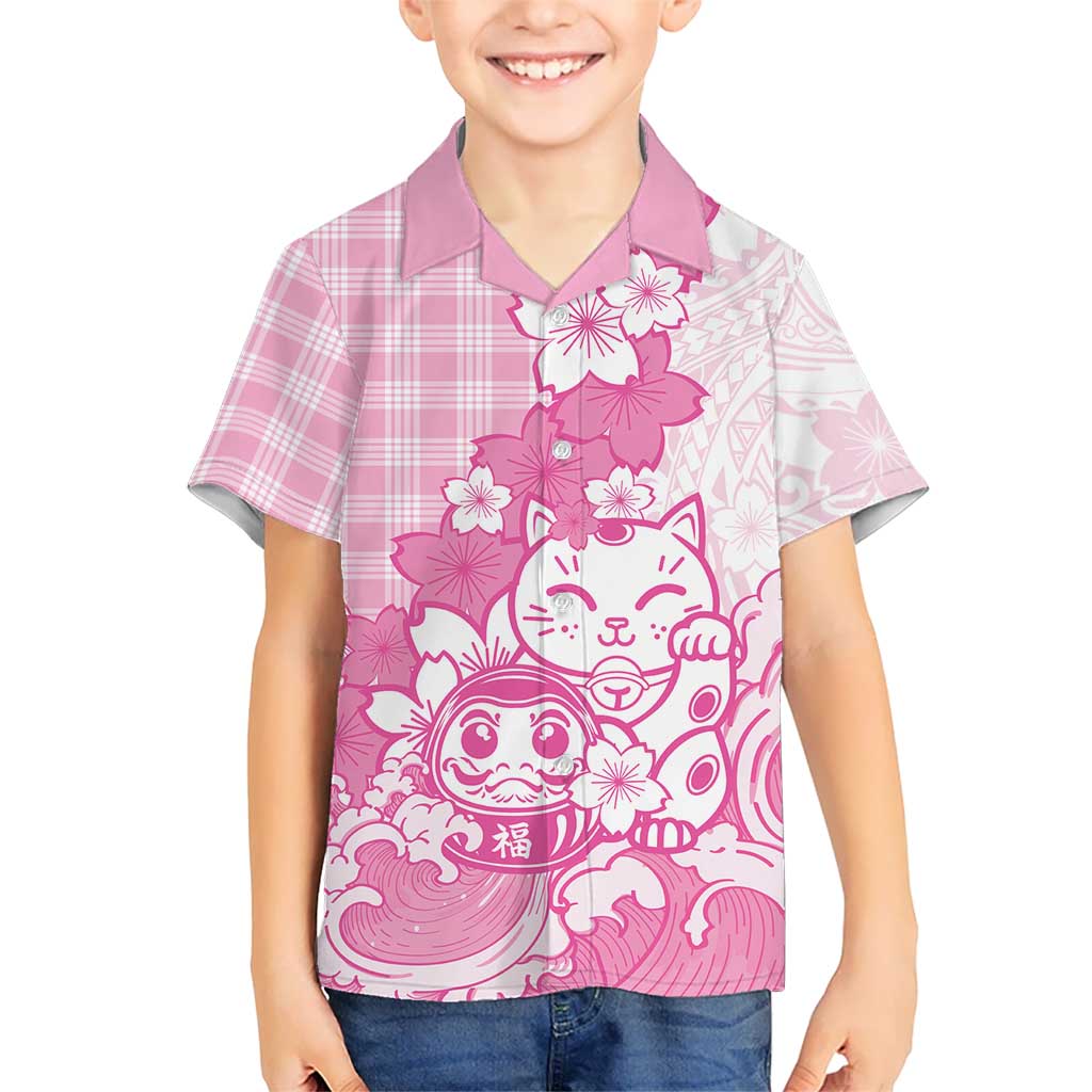 Pink Palaka Hawaiian And Japanese Hawaiian Shirt Maneki Neko And Sakura Bloom DT05 - Polynesian Pride