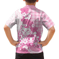 Pink Palaka Hawaiian And Japanese Kid Hawaiian Shirt Maneki Neko And Sakura Bloom DT05 - Polynesian Pride