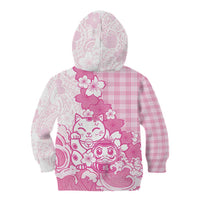 Pink Palaka Hawaiian And Japanese Kid Hoodie Maneki Neko And Sakura Bloom DT05 - Polynesian Pride