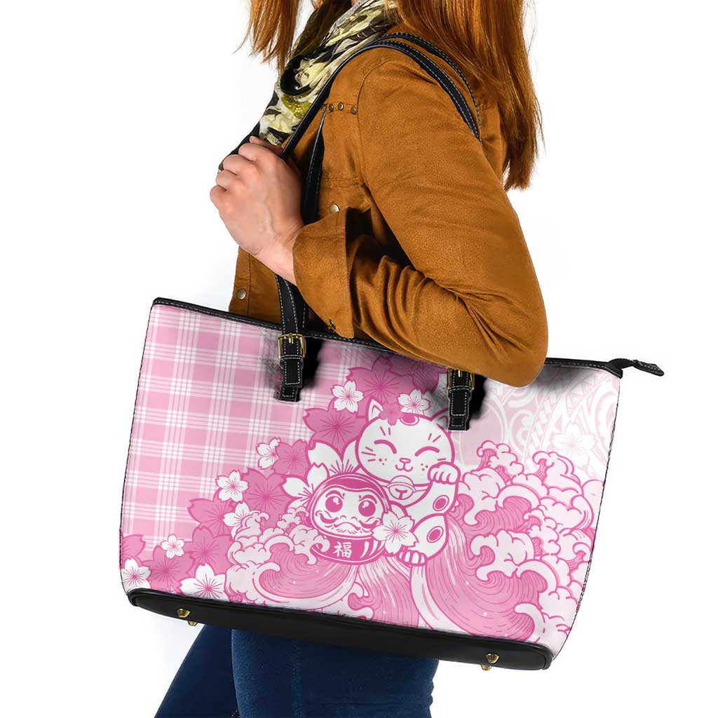 Pink Palaka Hawaiian And Japanese Leather Tote Bag Maneki Neko And Sakura Bloom