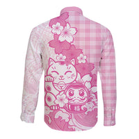 Pink Palaka Hawaiian And Japanese Long Sleeve Button Shirt Maneki Neko And Sakura Bloom DT05 - Polynesian Pride