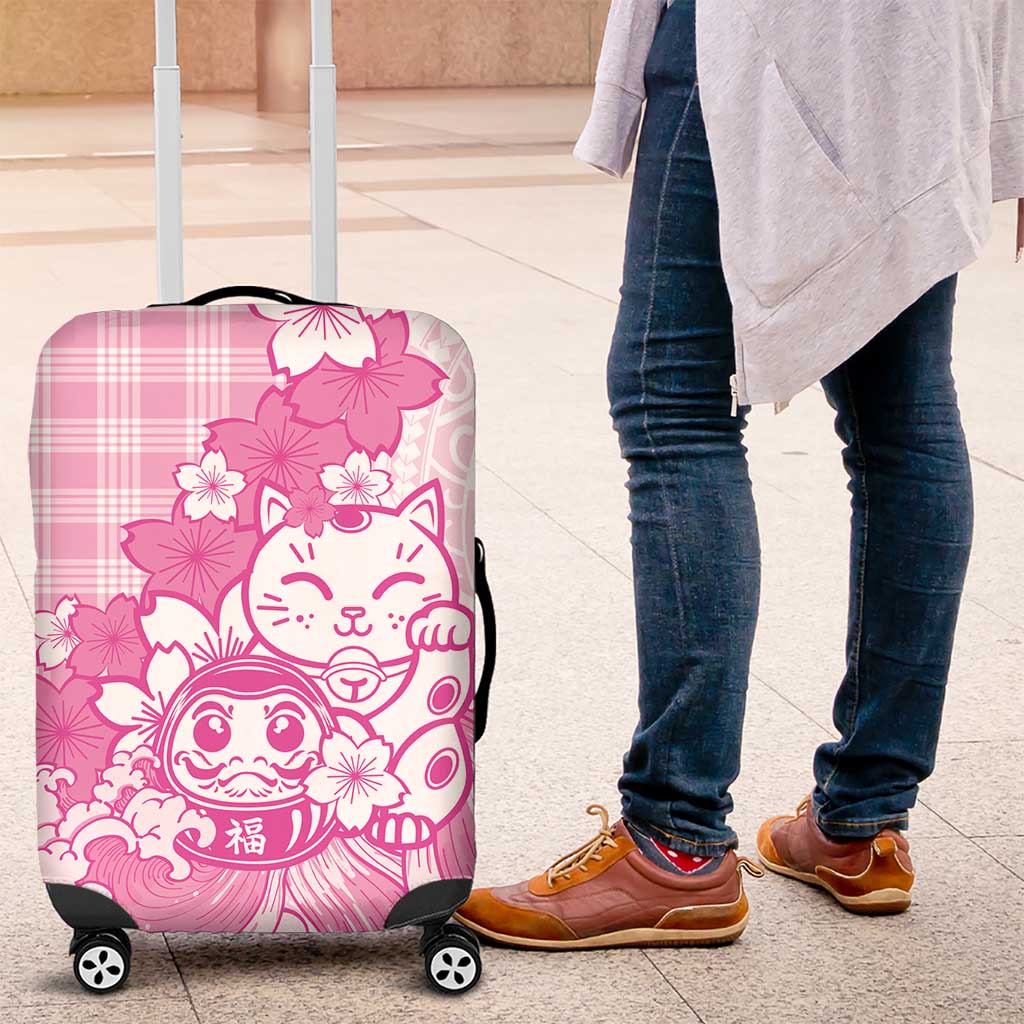 Pink Palaka Hawaiian And Japanese Luggage Cover Maneki Neko And Sakura Bloom