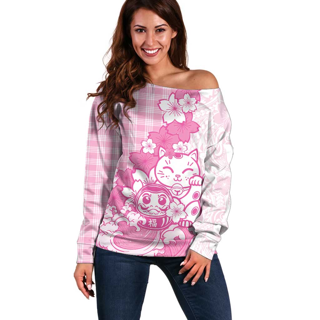 Pink Palaka Hawaiian And Japanese Off Shoulder Sweater Maneki Neko And Sakura Bloom