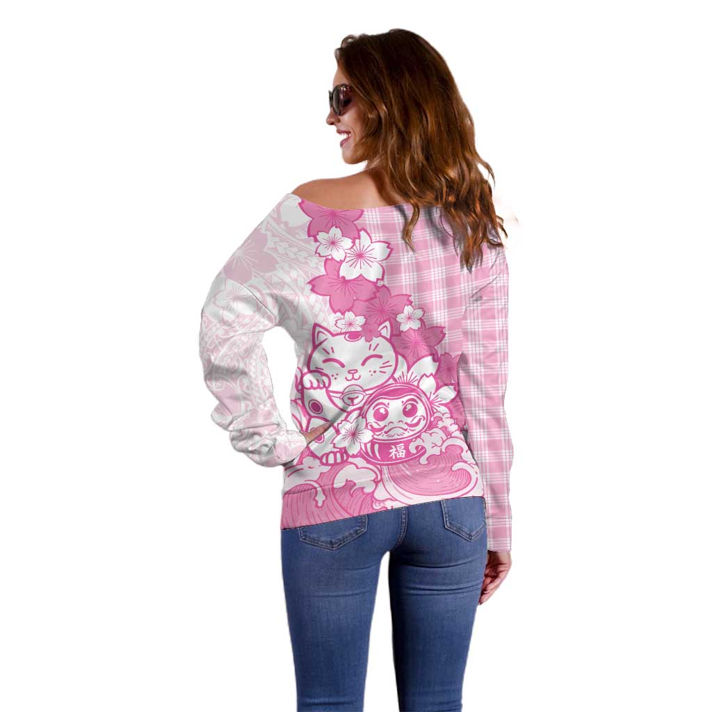 Pink Palaka Hawaiian And Japanese Off Shoulder Sweater Maneki Neko And Sakura Bloom