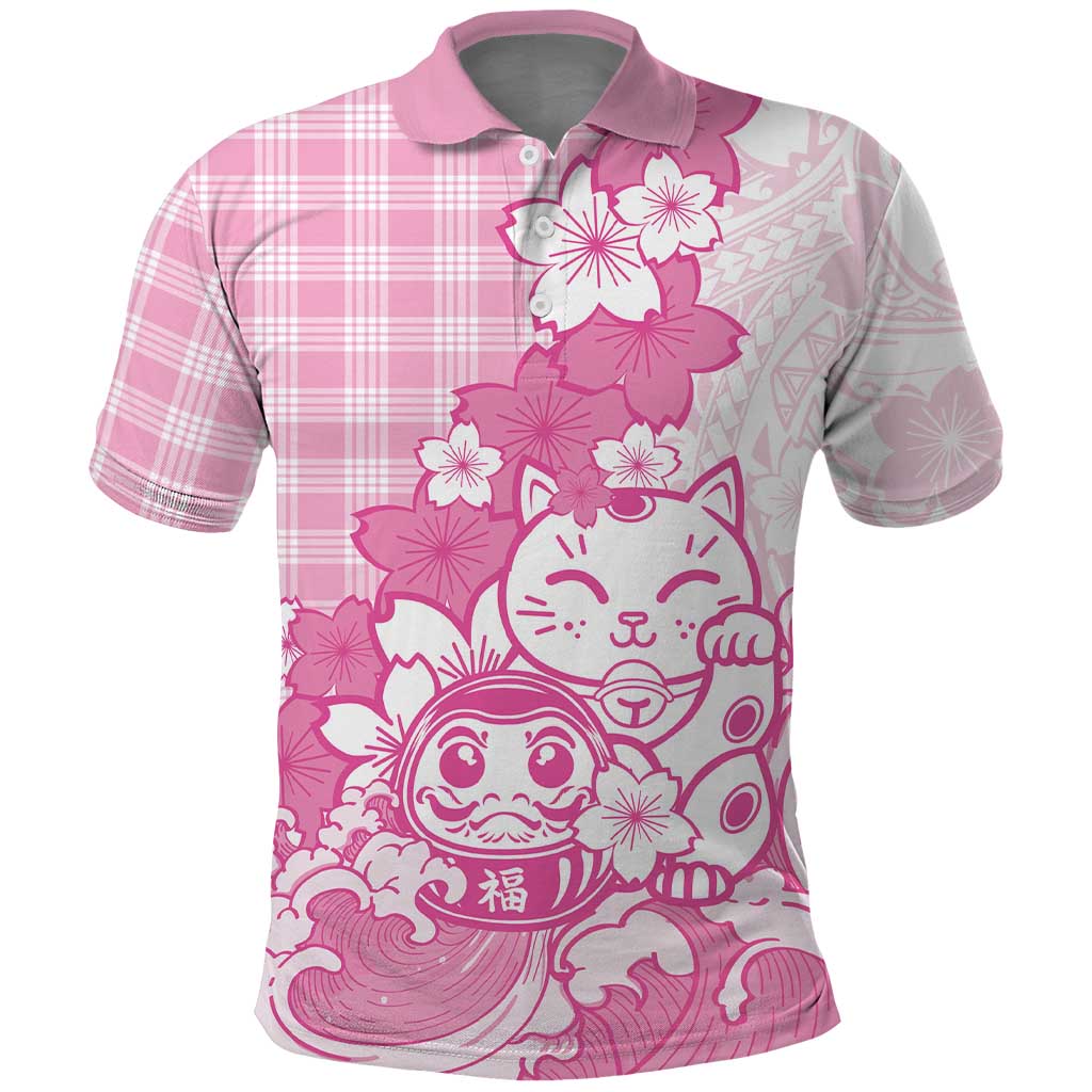 Pink Palaka Hawaiian And Japanese Polo Shirt Maneki Neko And Sakura Bloom