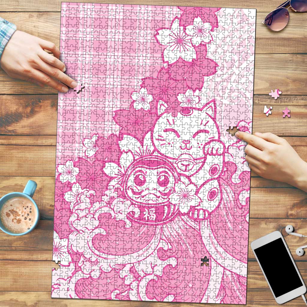 Pink Palaka Hawaiian And Japanese Puzzle Maneki Neko And Sakura Bloom