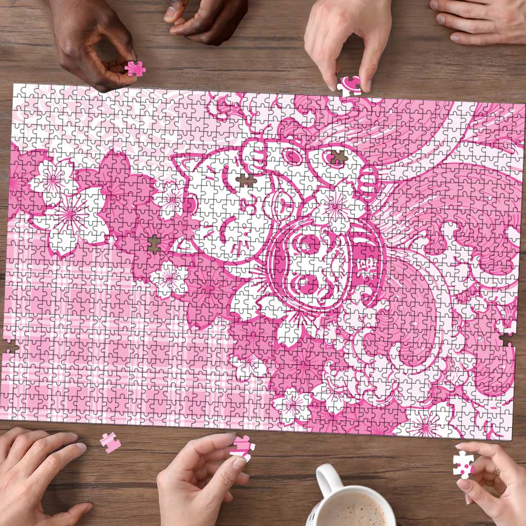 Pink Palaka Hawaiian And Japanese Puzzle Maneki Neko And Sakura Bloom