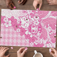 Pink Palaka Hawaiian And Japanese Puzzle Maneki Neko And Sakura Bloom