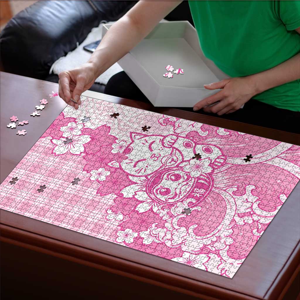 Pink Palaka Hawaiian And Japanese Puzzle Maneki Neko And Sakura Bloom