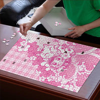 Pink Palaka Hawaiian And Japanese Puzzle Maneki Neko And Sakura Bloom
