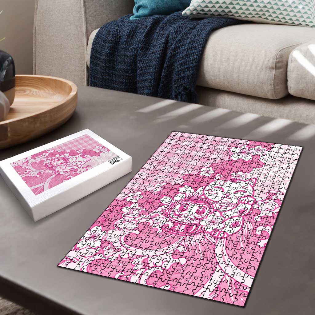 Pink Palaka Hawaiian And Japanese Puzzle Maneki Neko And Sakura Bloom