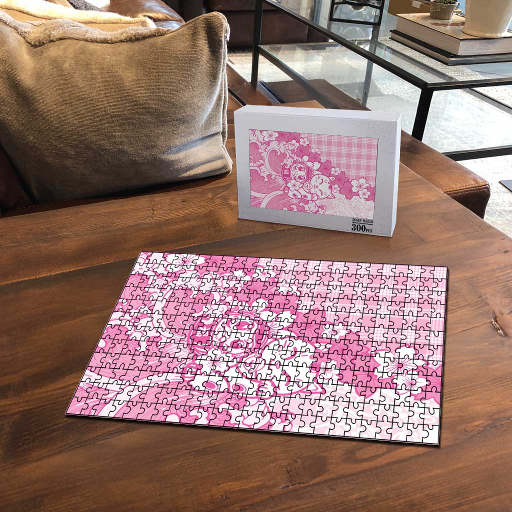 Pink Palaka Hawaiian And Japanese Puzzle Maneki Neko And Sakura Bloom