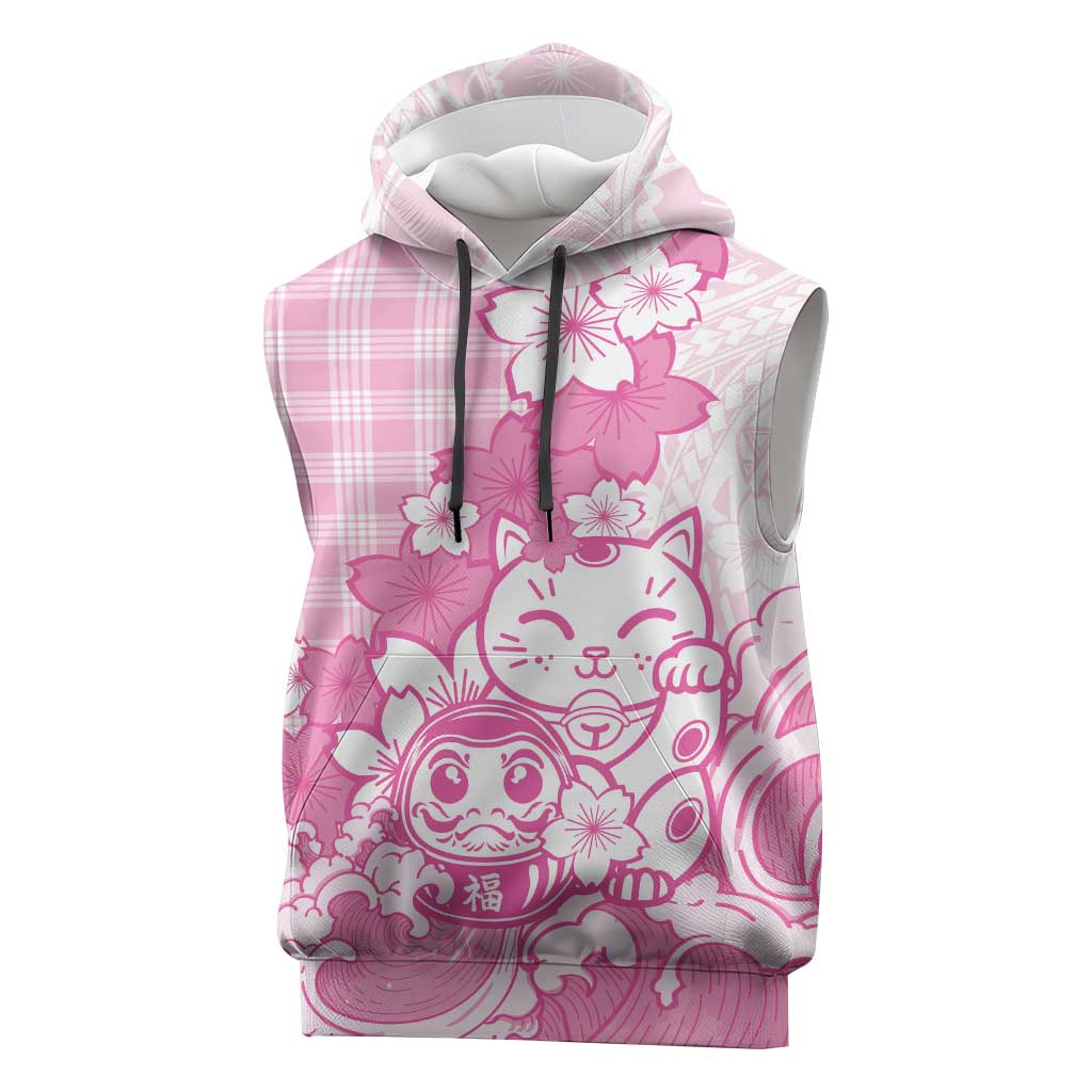 Pink Palaka Hawaiian And Japanese Sleeveless Hoodie Maneki Neko And Sakura Bloom DT05 Pink - Polynesian Pride
