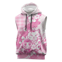 Pink Palaka Hawaiian And Japanese Sleeveless Hoodie Maneki Neko And Sakura Bloom DT05 Pink - Polynesian Pride