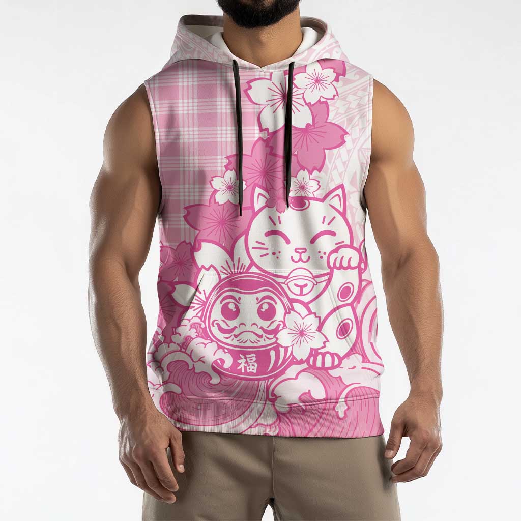 Pink Palaka Hawaiian And Japanese Sleeveless Hoodie Maneki Neko And Sakura Bloom DT05 - Polynesian Pride