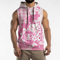 Pink Palaka Hawaiian And Japanese Sleeveless Hoodie Maneki Neko And Sakura Bloom DT05 - Polynesian Pride