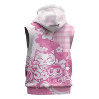Pink Palaka Hawaiian And Japanese Sleeveless Zip Hoodie Maneki Neko And Sakura Bloom DT05 - Polynesian Pride