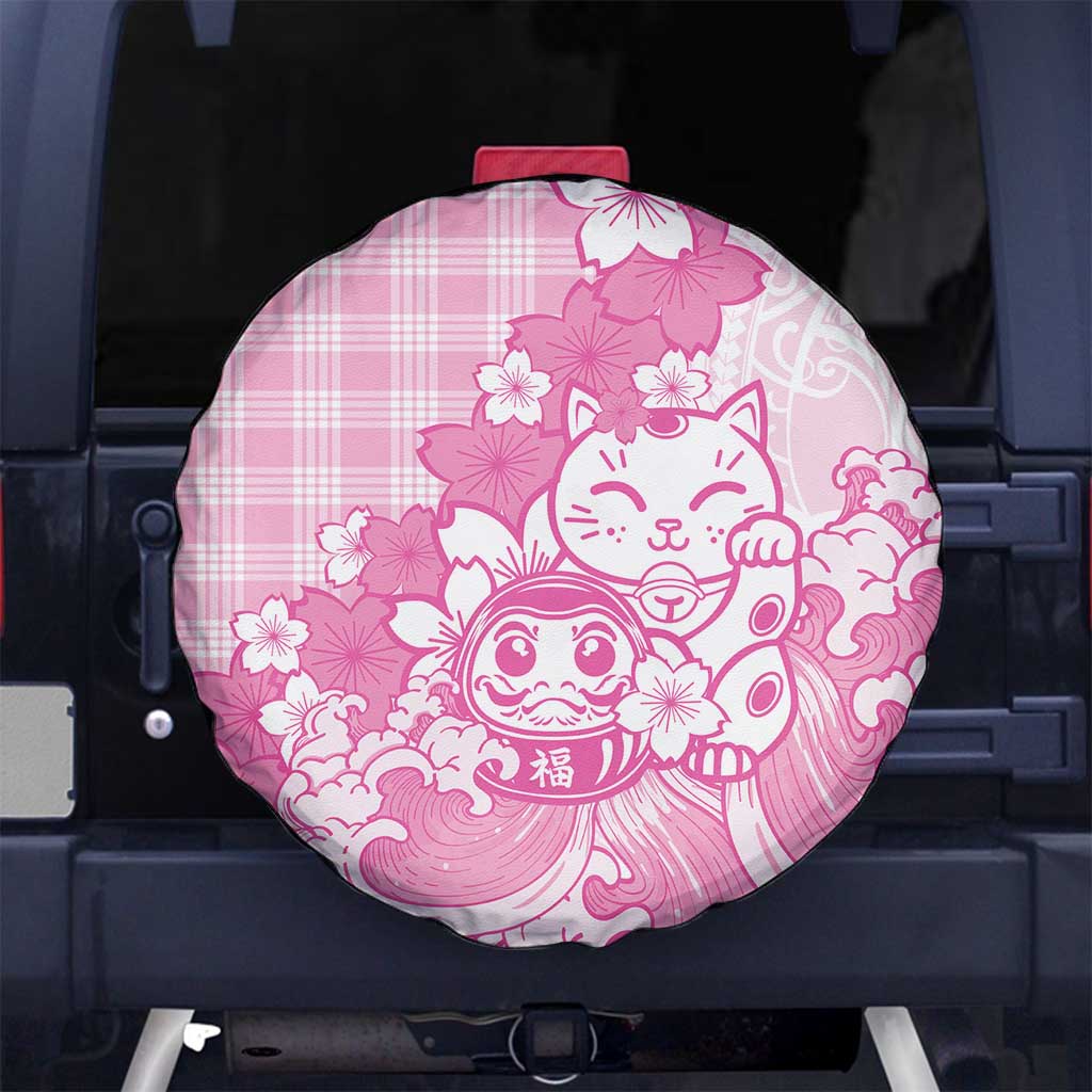 Pink Palaka Hawaiian And Japanese Spare Tire Cover Maneki Neko And Sakura Bloom