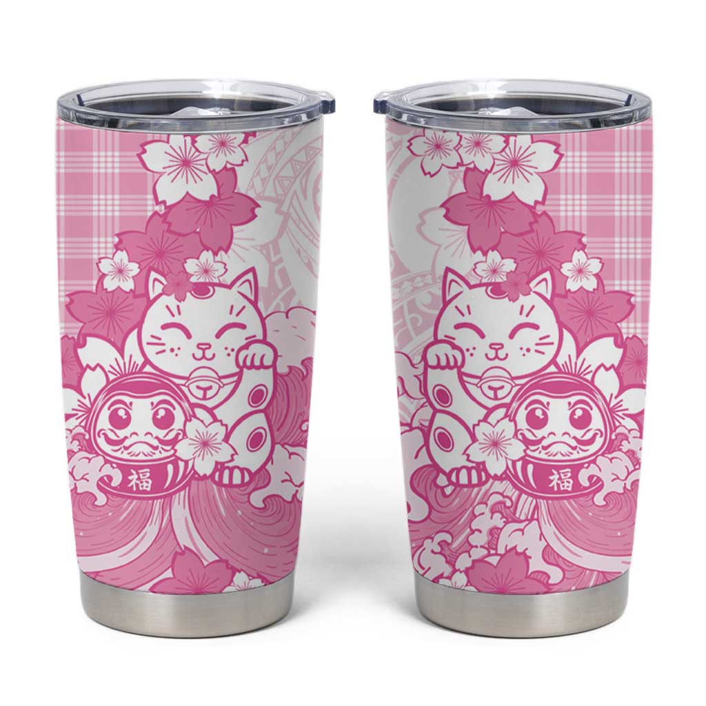 Pink Palaka Hawaiian And Japanese Tumbler Cup Maneki Neko And Sakura Bloom