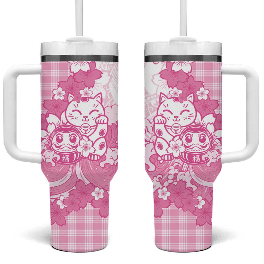 Pink Palaka Hawaiian And Japanese Tumbler With Handle Maneki Neko And Sakura Bloom