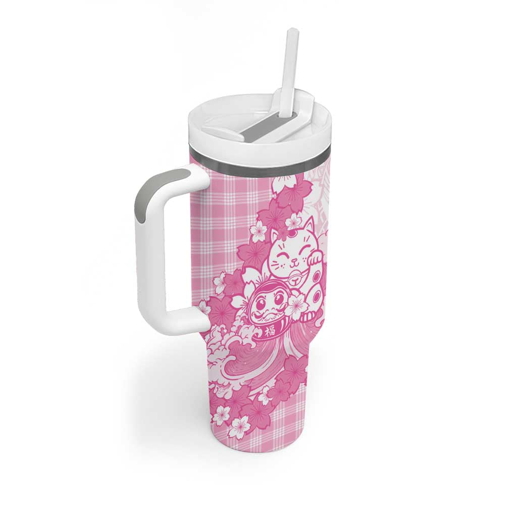 Pink Palaka Hawaiian And Japanese Tumbler With Handle Maneki Neko And Sakura Bloom