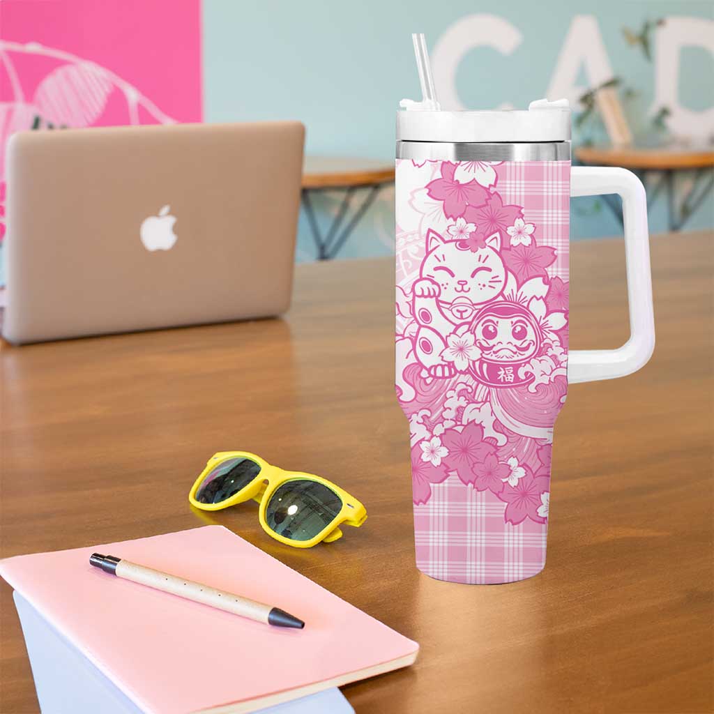 Pink Palaka Hawaiian And Japanese Tumbler With Handle Maneki Neko And Sakura Bloom