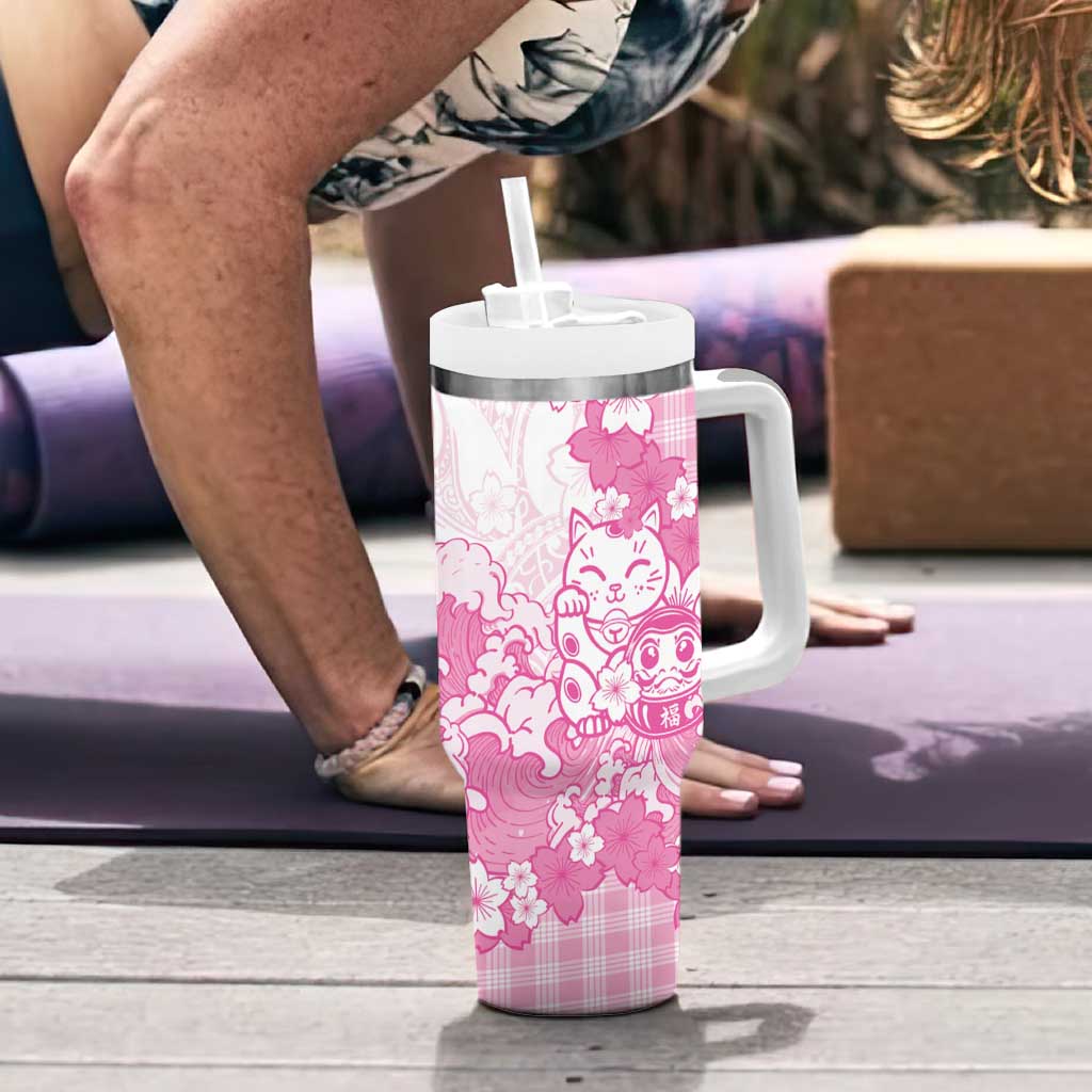 Pink Palaka Hawaiian And Japanese Tumbler With Handle Maneki Neko And Sakura Bloom