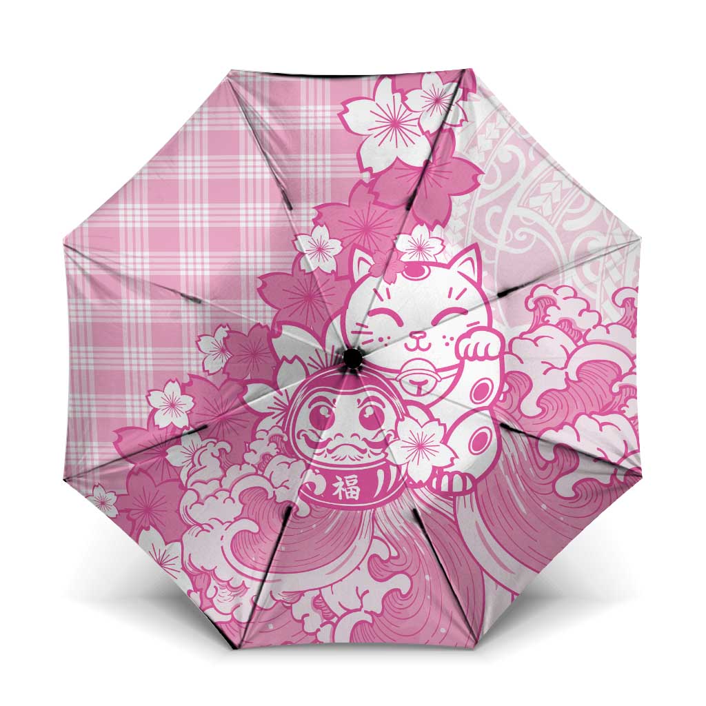 Pink Palaka Hawaiian And Japanese Umbrella Maneki Neko And Sakura Bloom