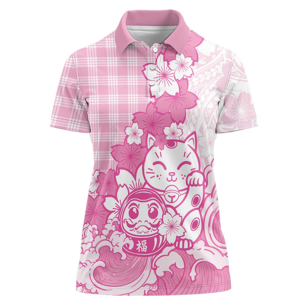 Pink Palaka Hawaiian And Japanese Women Polo Shirt Maneki Neko And Sakura Bloom