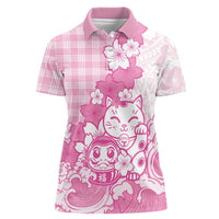 Pink Palaka Hawaiian And Japanese Women Polo Shirt Maneki Neko And Sakura Bloom