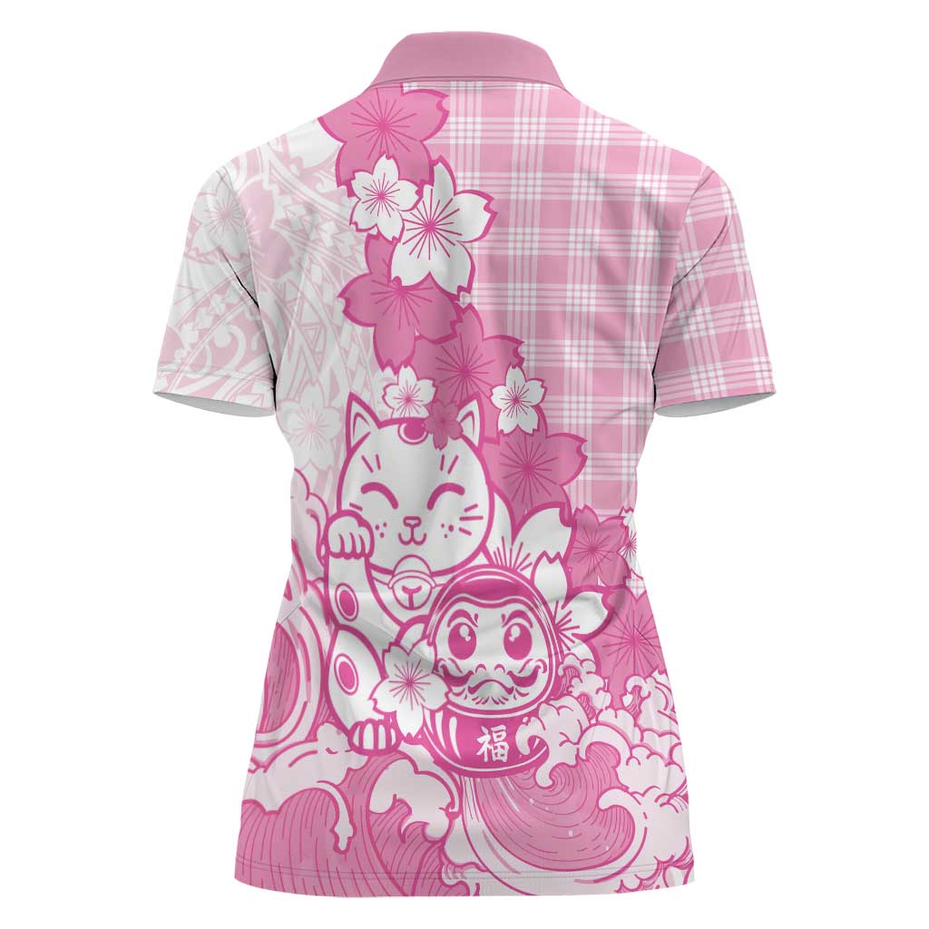 Pink Palaka Hawaiian And Japanese Women Polo Shirt Maneki Neko And Sakura Bloom