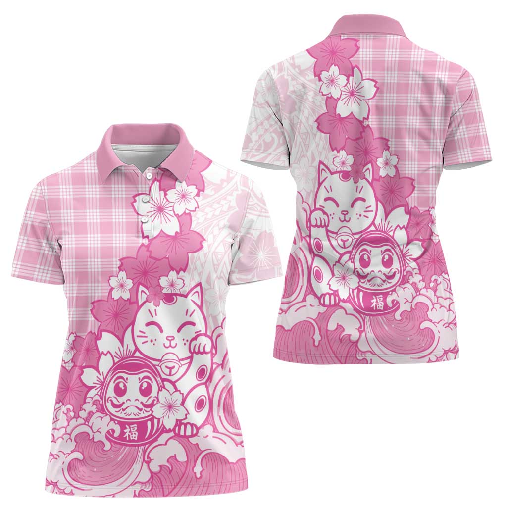 Pink Palaka Hawaiian And Japanese Women Polo Shirt Maneki Neko And Sakura Bloom