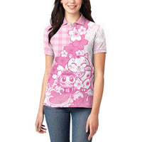 Pink Palaka Hawaiian And Japanese Women Polo Shirt Maneki Neko And Sakura Bloom