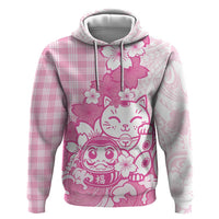 Pink Palaka Hawaiian And Japanese Zip Hoodie Maneki Neko And Sakura Bloom DT05 Pullover Hoodie Pink - Polynesian Pride