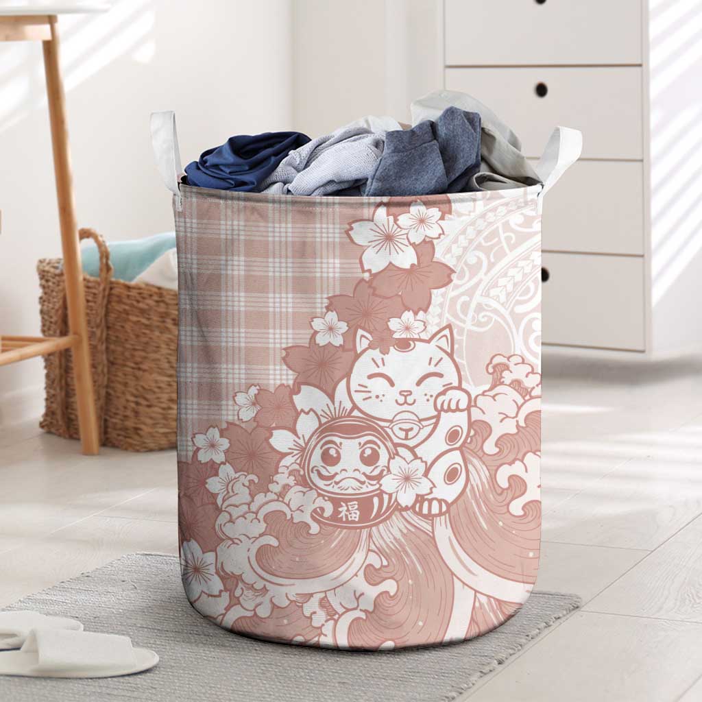 Beige Palaka Hawaiian And Japanese Laundry Basket Maneki Neko And Sakura Bloom DT05 Beige - Polynesian Pride